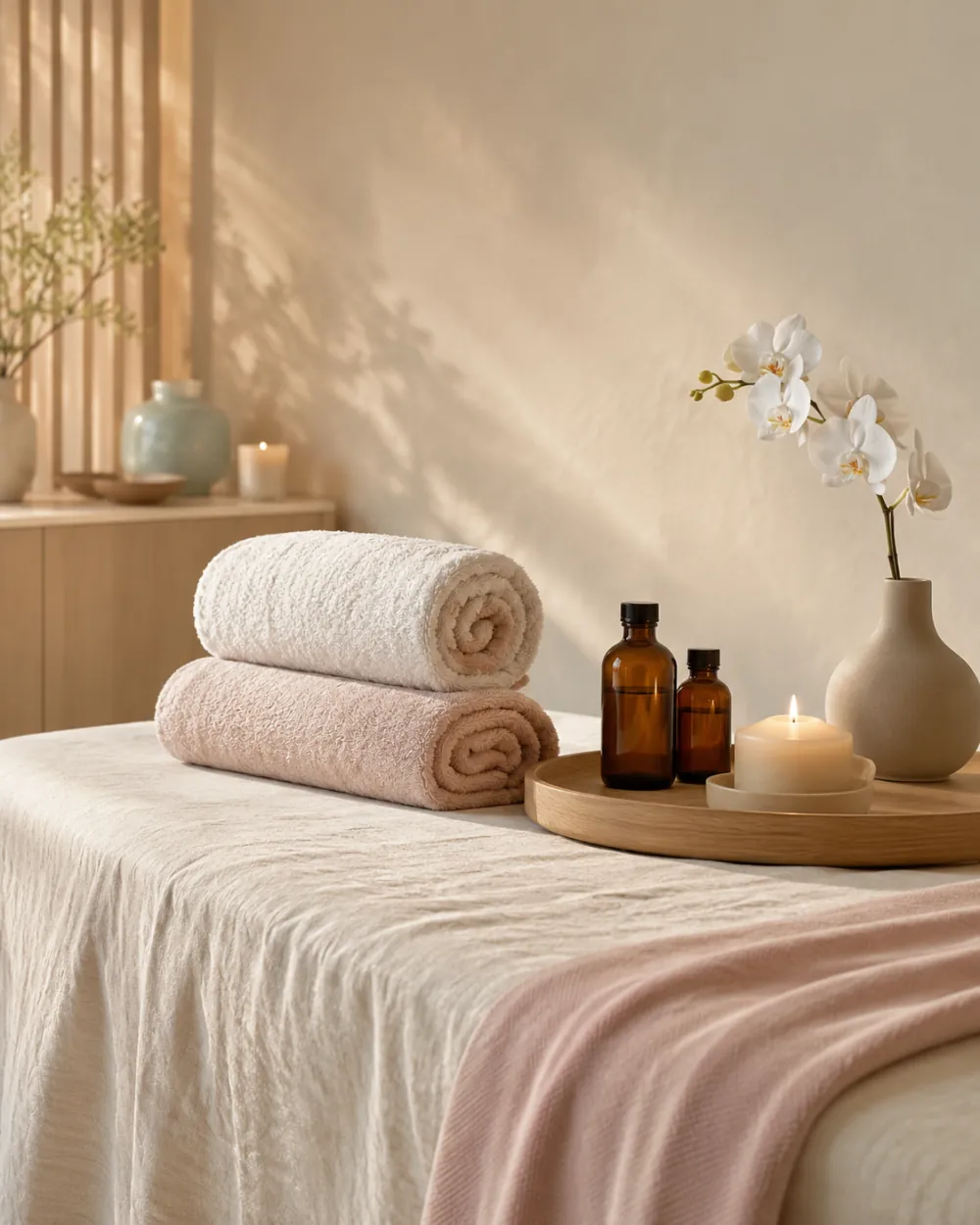 Cabine de soin de l'institut Anne Esthétik : linge de lin crème, orchidée et bougie