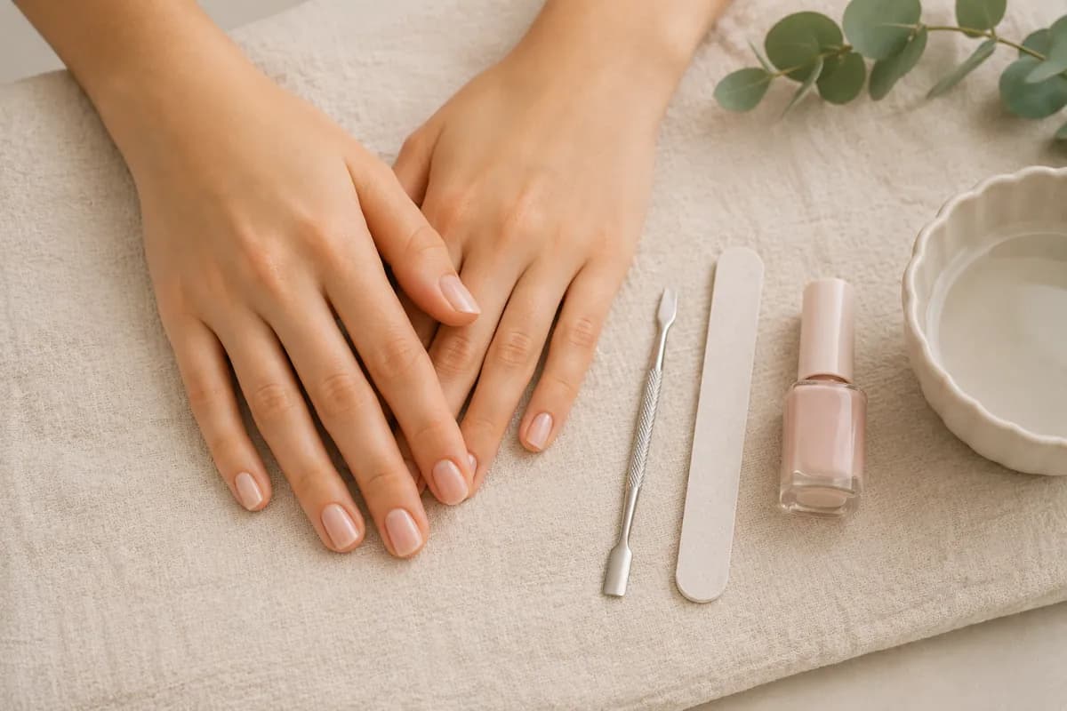 Mains manucurées avec vernis semi-permanent nude et outils de manucure