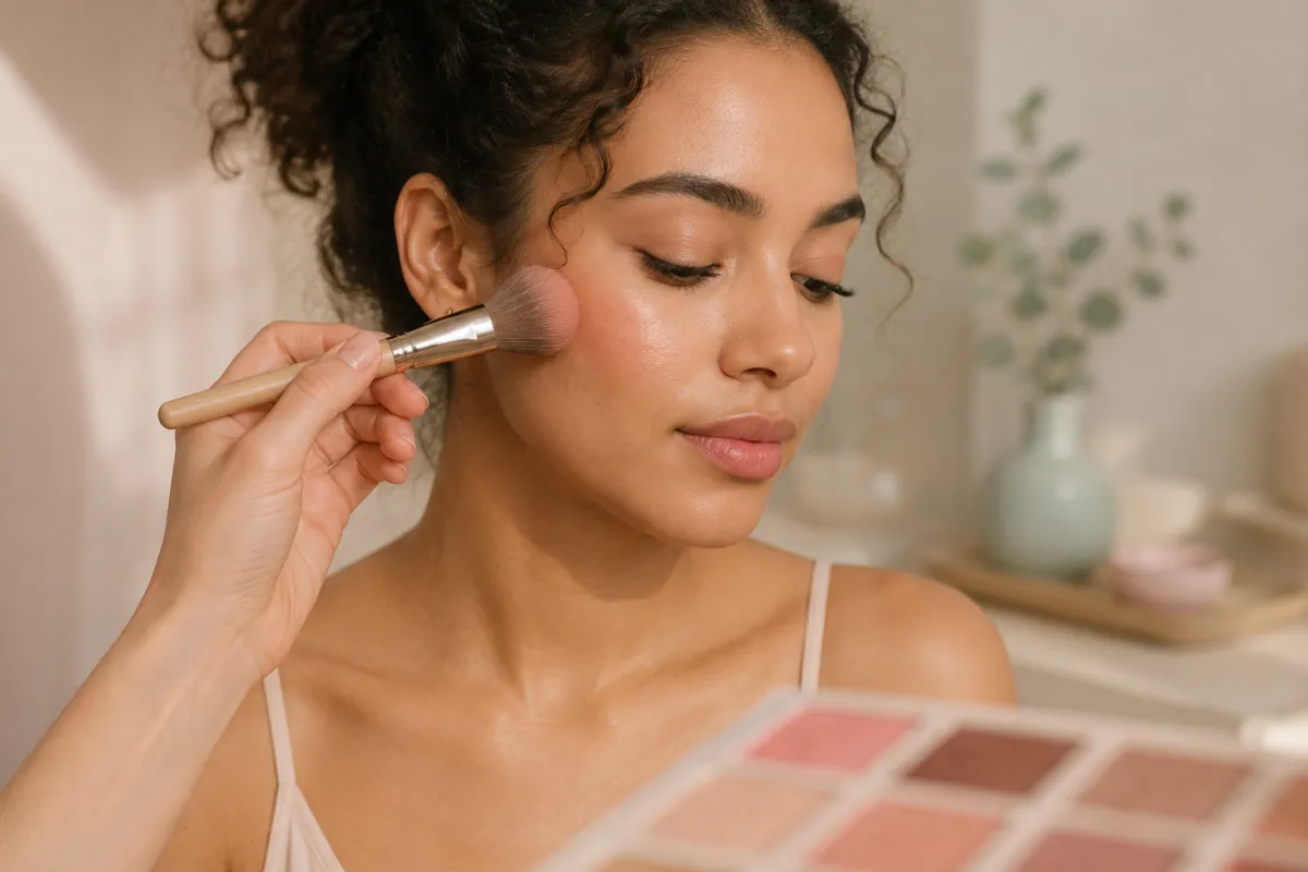 Application d'un blush rose poudré au pinceau lors d'un maquillage