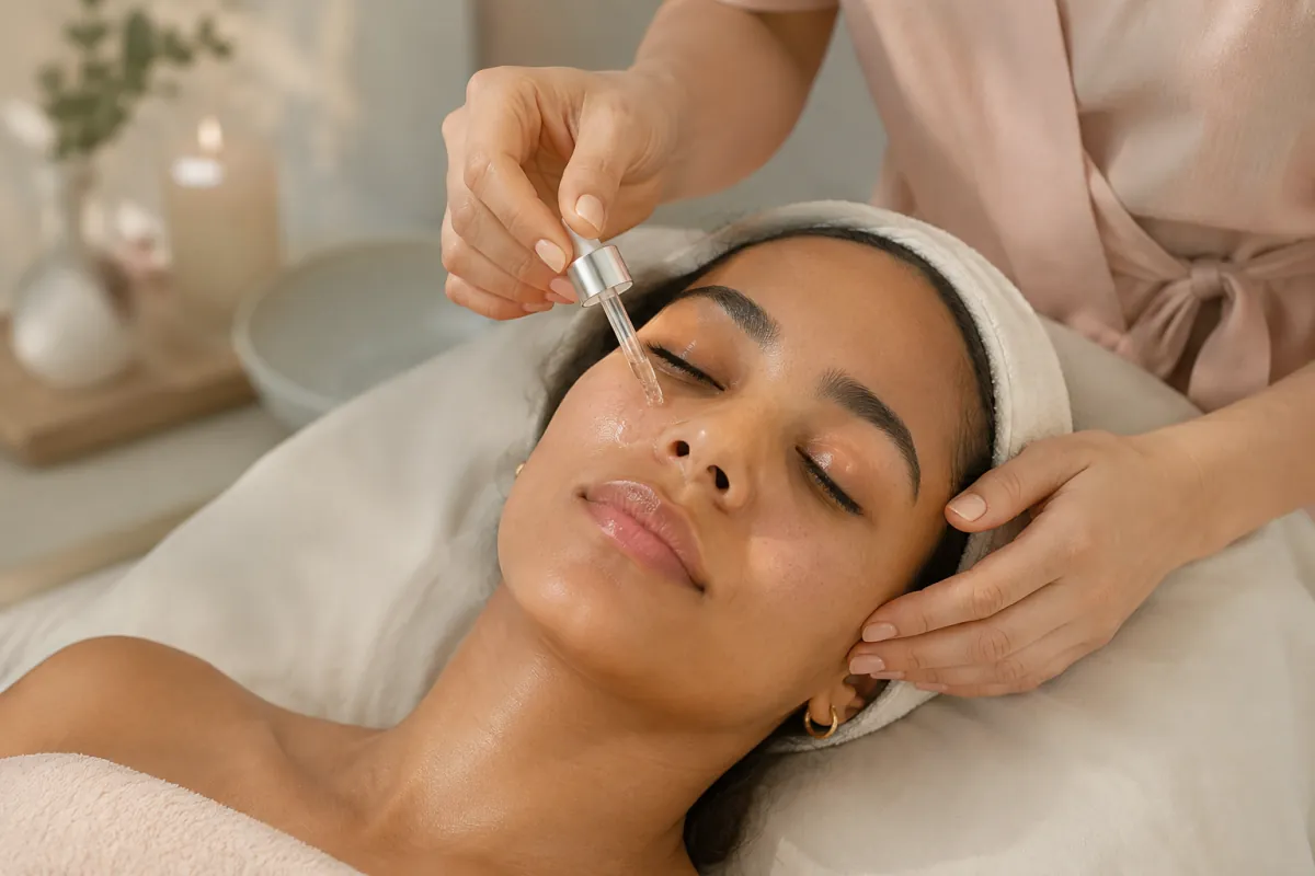 Application d'un sérum lors d'un soin du visage en institut